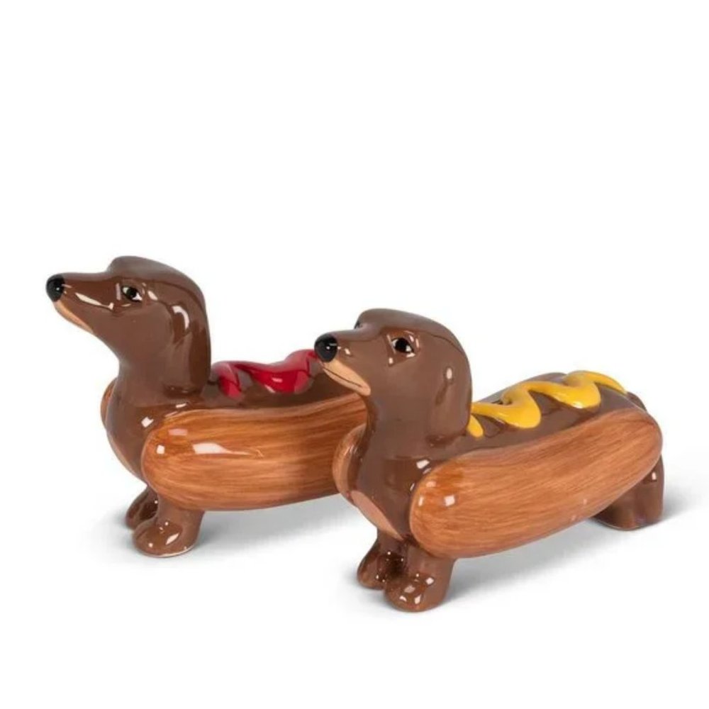Dachshund Hot Dog Salt & Pepper Shakers Ceramic Wiener Dog Kitchen Decor Set